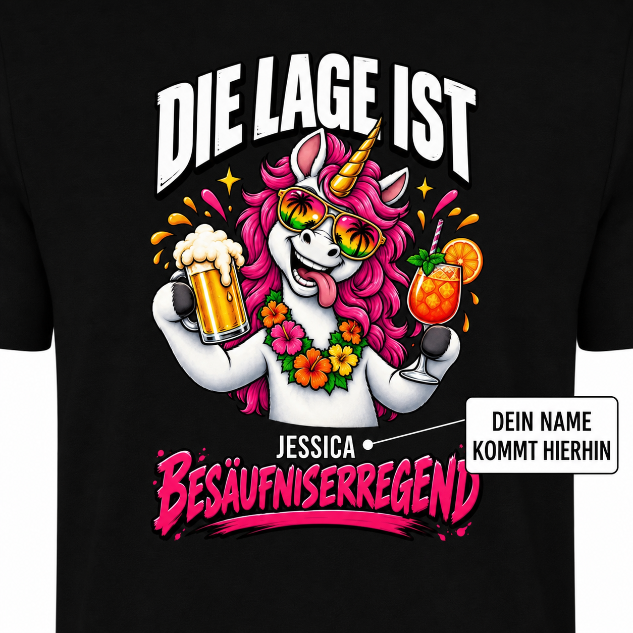 Detail des personalisierten Party-Shirts: Der Wunschname steht zwischen Einhorn und BESÄUFNISERREGEND