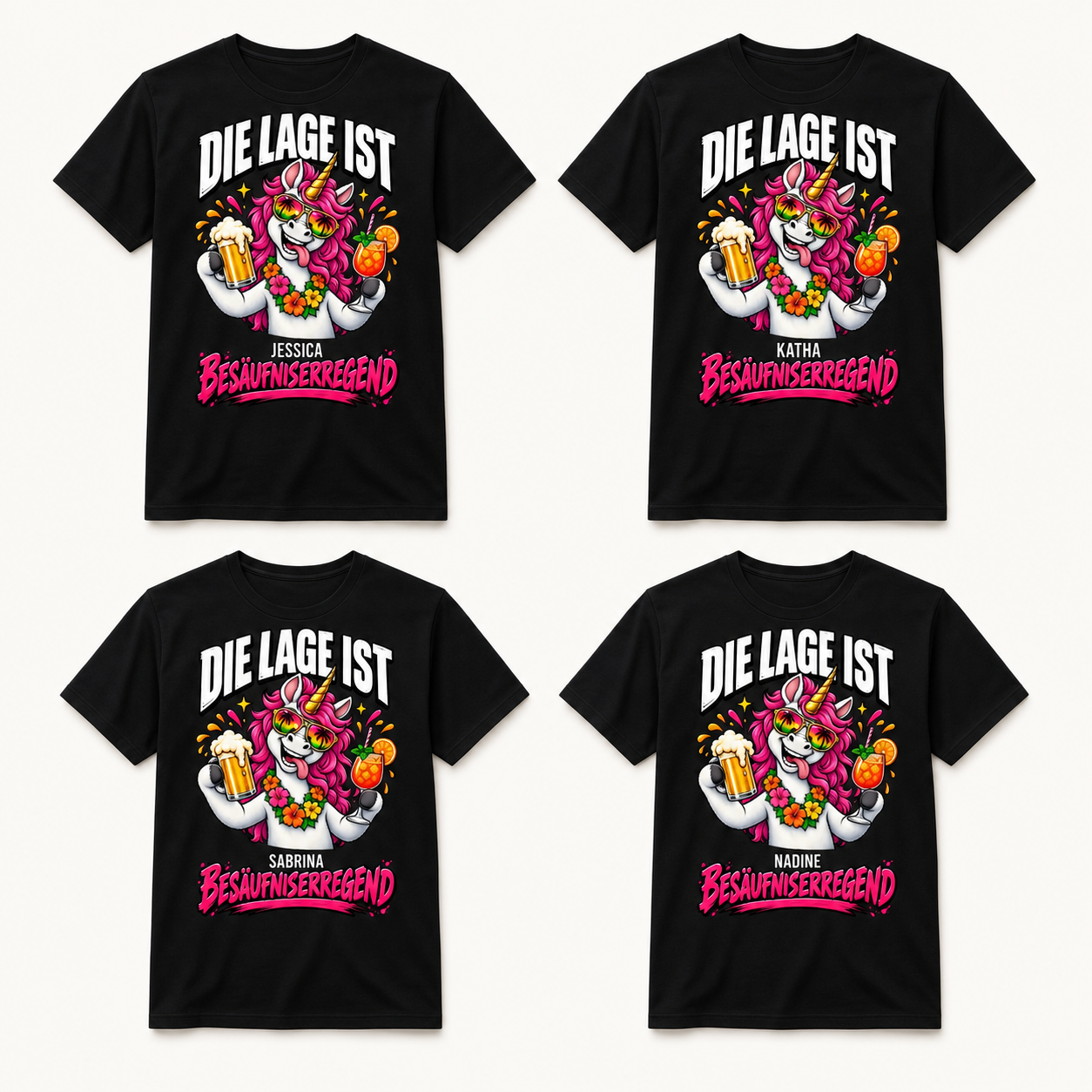 Vier schwarze Party-Shirts mit demselben Einhorn-Motiv und den Namen Jessica, Katha, Sabrina und Nadine