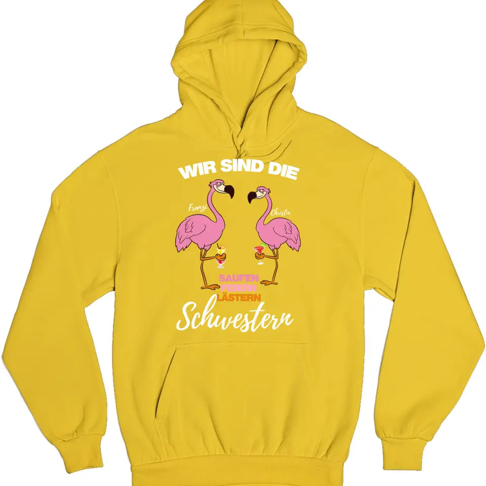 SAUFEN FEIERN LÄSTERN SCHWESTERN | FLAMINGO SHIRT MIT DEINEM NAMEN & DEINEM GETRÄNK| PARTY T-SHIRT INDIVIDUALISIERBAR/PERSONALISIERBAR