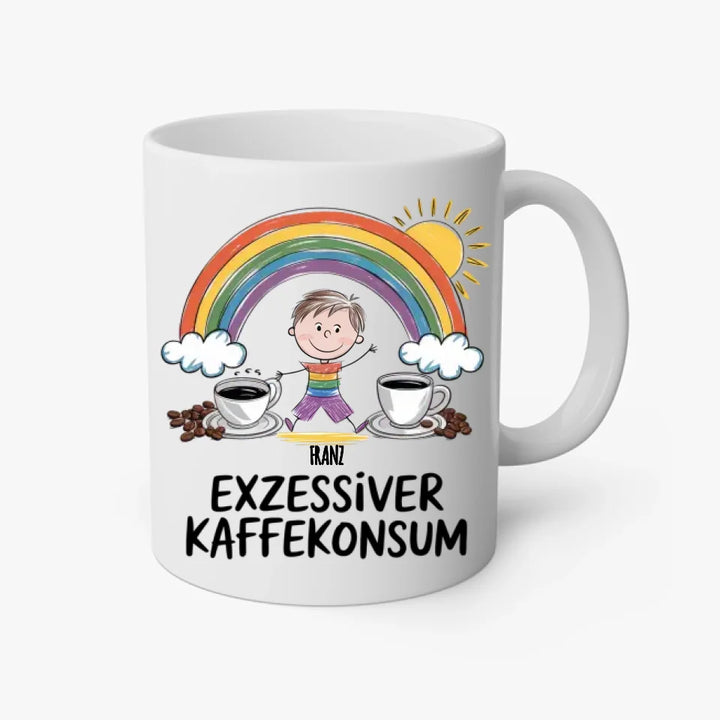 Exzessiver Kaffeekonsum - Tasse - personalisierbar mit Name, Spruch und lustiger Kinderzeichnung