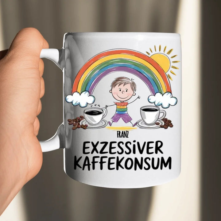 Exzessiver Kaffeekonsum - Tasse - personalisierbar mit Name, Spruch und lustiger Kinderzeichnung