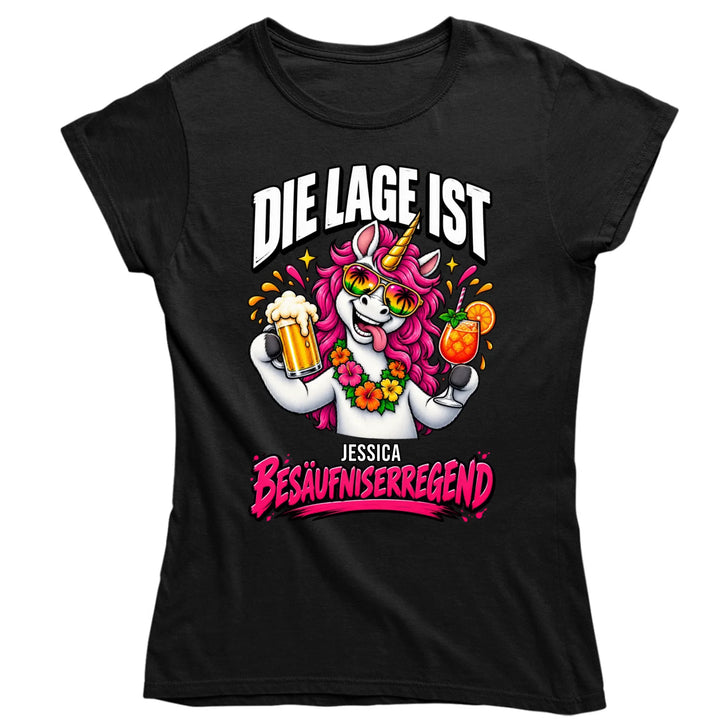 Personalisiertes schwarzes Party-Shirt mit Einhorn und dem Beispielnamen Jessica