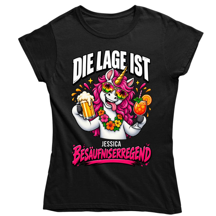 Schwarzes Damen Party-Shirt mit personalisiertem Einhorn-Motiv