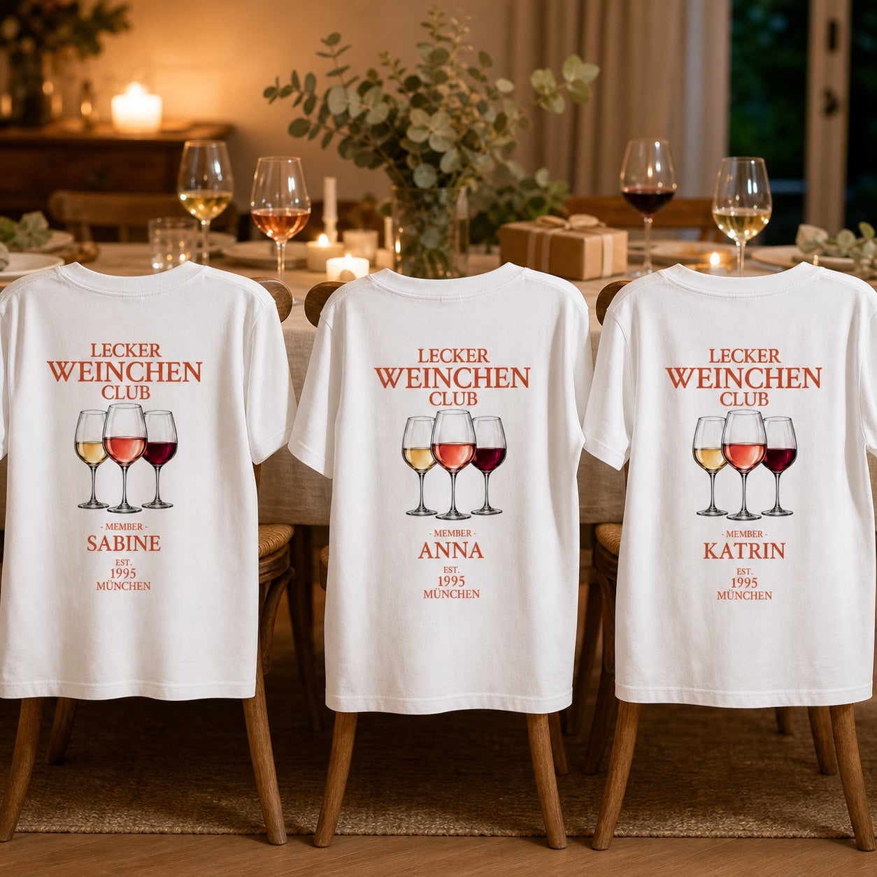 Drei personalisierte Weinchen-Club-Shirts für Sabine, Anna und Katrin mit sichtbarem Rückenaufdruck
