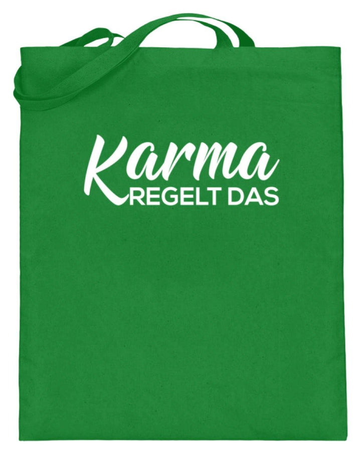 Karma regelt das - Words on Shirts  - Jutebeutel (mit langen Henkeln) - Words on Shirts Sag es mit dem Mittelfinger Shirts Hoodies Sweatshirt Taschen Gymsack Spruch Sprüche Statement