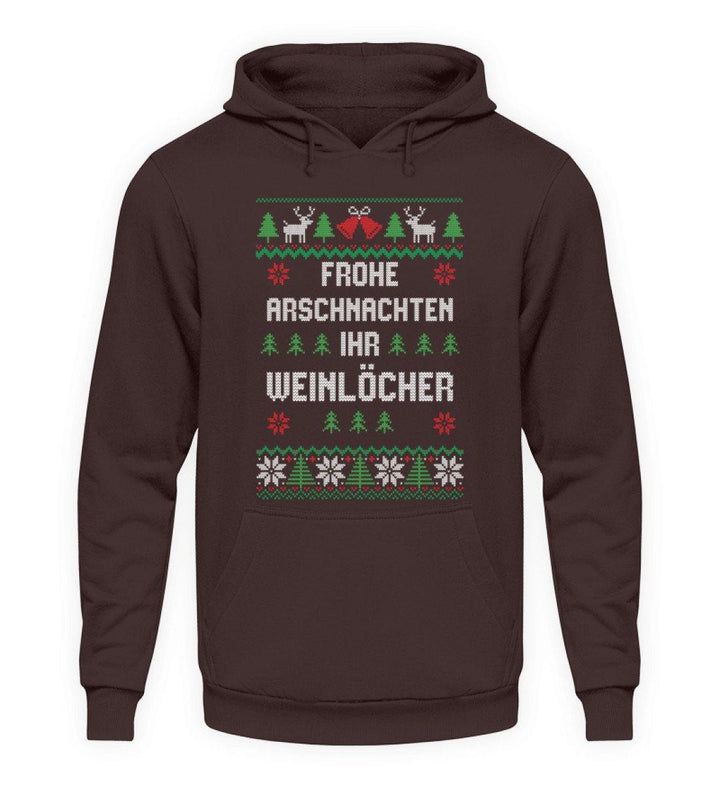 Frohe Arschnachten - Words on Shirts  - Unisex Kapuzenpullover Hoodie - Words on Shirts Sag es mit dem Mittelfinger Shirts Hoodies Sweatshirt Taschen Gymsack Spruch Sprüche Statement