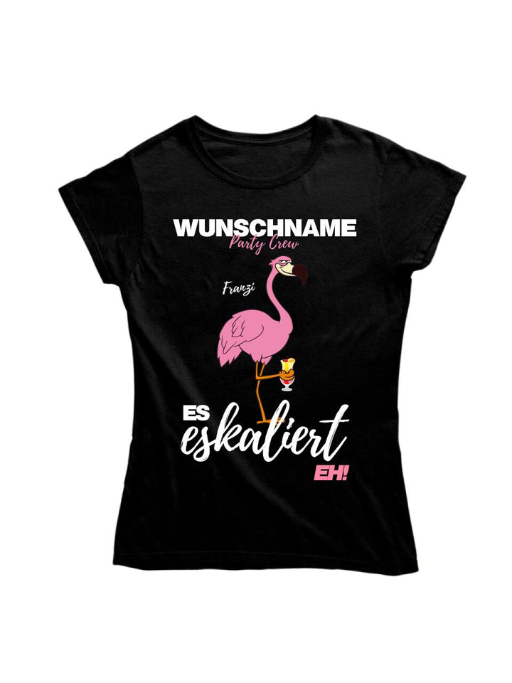Es Eskaliert Eh | Party Crew Name/Wunschname | Flamingo Shirt mit Deinem Namen & Drink | Party T-Shirt Individualisierbar/Personalisierbar