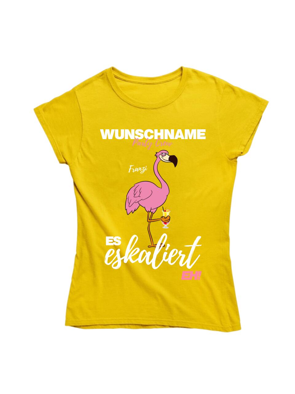 Es Eskaliert Eh | Party Crew Name/Wunschname | Flamingo Shirt mit Deinem Namen & Drink | Party T-Shirt Individualisierbar/Personalisierbar