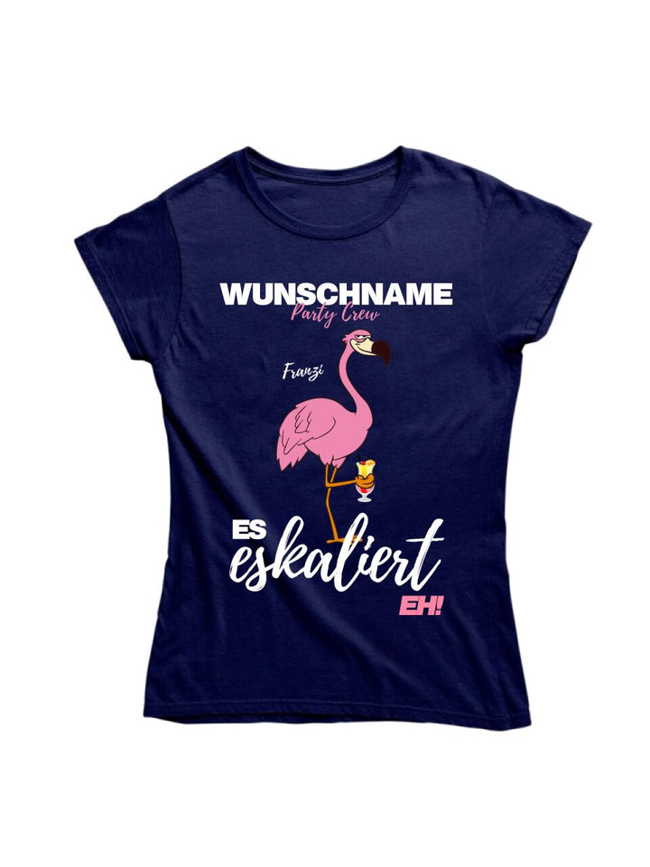 Es Eskaliert Eh | Party Crew Name/Wunschname | Flamingo Shirt mit Deinem Namen & Drink | Party T-Shirt Individualisierbar/Personalisierbar
