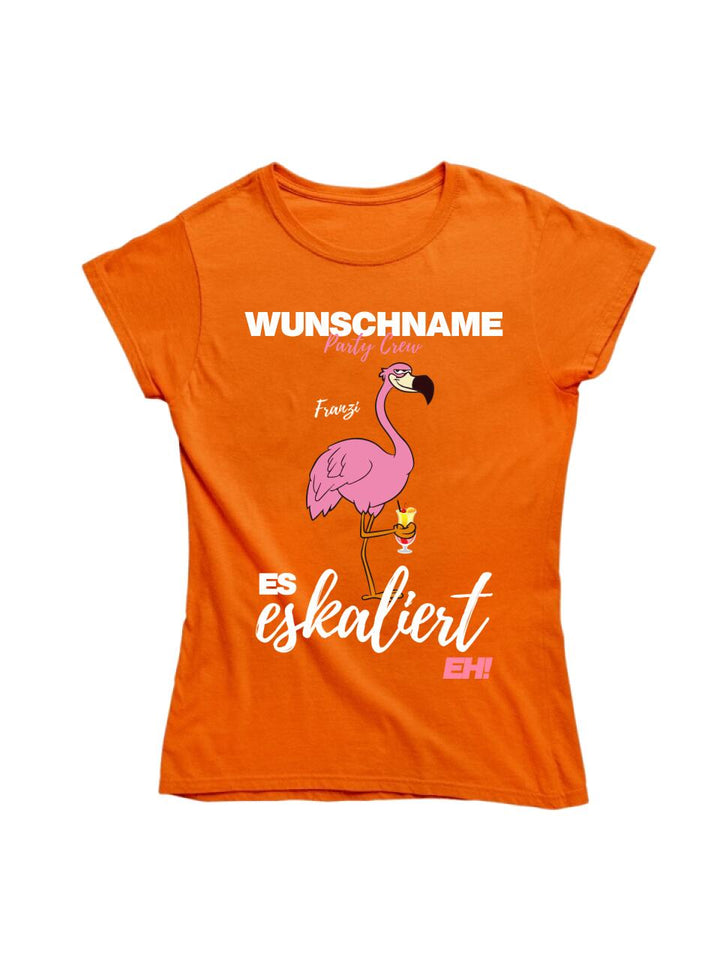 Es Eskaliert Eh | Party Crew Name/Wunschname | Flamingo Shirt mit Deinem Namen & Drink | Party T-Shirt Individualisierbar/Personalisierbar