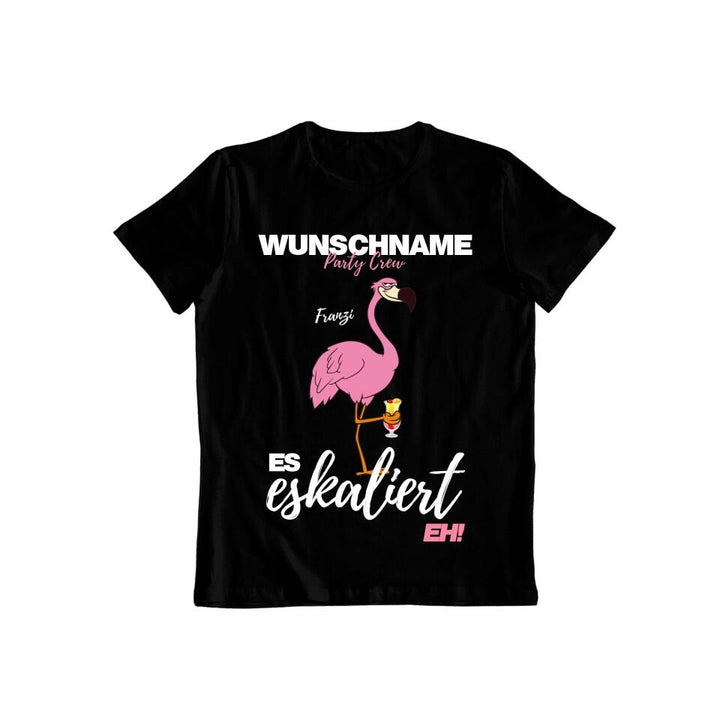Es Eskaliert Eh | Party Crew Name/Wunschname | Flamingo Shirt mit Deinem Namen & Drink | Party T-Shirt Individualisierbar/Personalisierbar