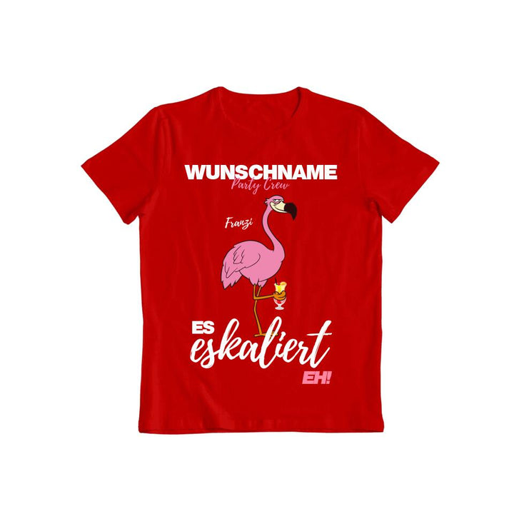 Es Eskaliert Eh | Party Crew Name/Wunschname | Flamingo Shirt mit Deinem Namen & Drink | Party T-Shirt Individualisierbar/Personalisierbar
