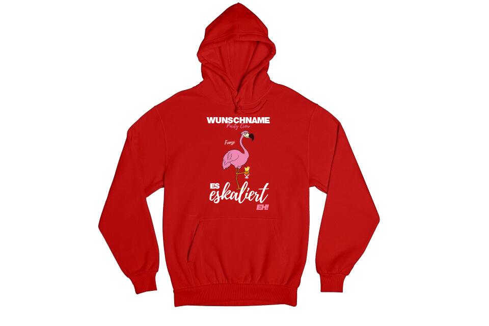 Es Eskaliert Eh | Party Crew Name/Wunschname | Flamingo Shirt mit Deinem Namen & Drink | Party T-Shirt Individualisierbar/Personalisierbar