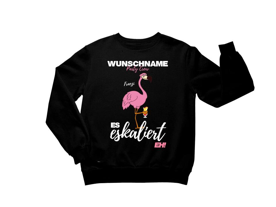 Es Eskaliert Eh | Party Crew Name/Wunschname | Flamingo Shirt mit Deinem Namen & Drink | Party T-Shirt Individualisierbar/Personalisierbar