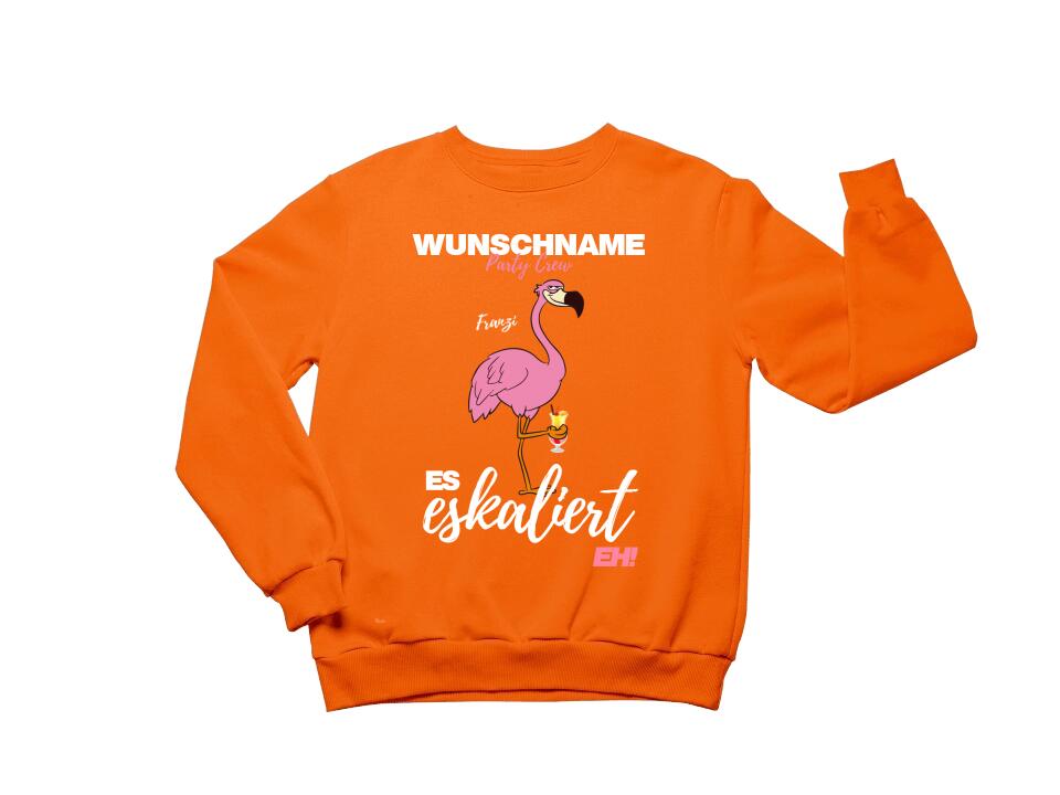 Es Eskaliert Eh | Party Crew Name/Wunschname | Flamingo Shirt mit Deinem Namen & Drink | Party T-Shirt Individualisierbar/Personalisierbar