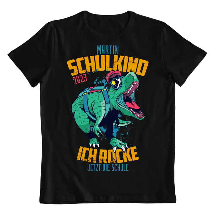 Ich rocke jetzt die Schule - Dino - Schulkind - Wunschname - Name individuell - Einschulung T-Shirt 2023