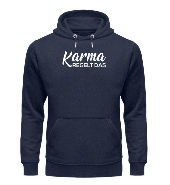 Karma regelt das- Words on Shirts - PR  - Unisex Organic Hoodie - Words on Shirts Sag es mit dem Mittelfinger Shirts Hoodies Sweatshirt Taschen Gymsack Spruch Sprüche Statement