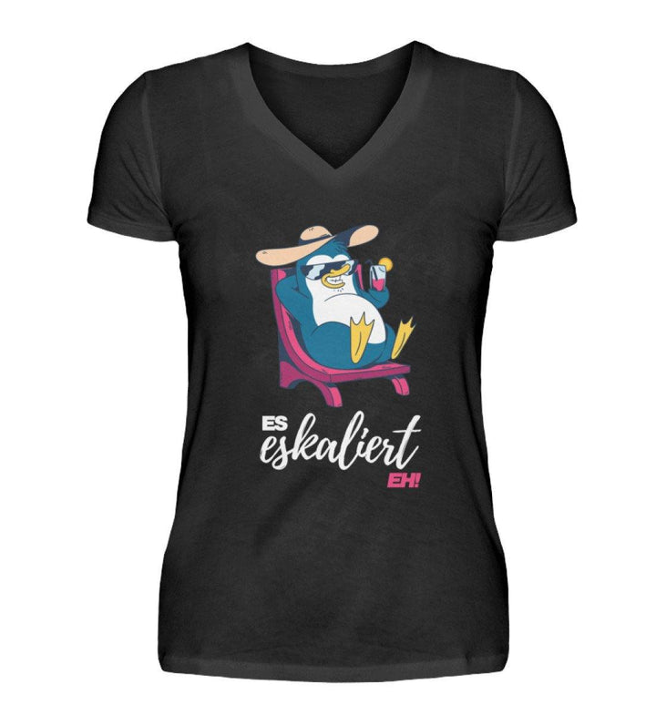 Es eskaliert eh - Pinguin - Words on Shirts  - V-Neck Damenshirt - Words on Shirts Sag es mit dem Mittelfinger Shirts Hoodies Sweatshirt Taschen Gymsack Spruch Sprüche Statement