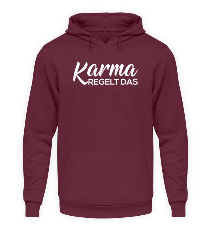 Karma regelt das - Words on Shirts  - Unisex Kapuzenpullover Hoodie - Words on Shirts Sag es mit dem Mittelfinger Shirts Hoodies Sweatshirt Taschen Gymsack Spruch Sprüche Statement