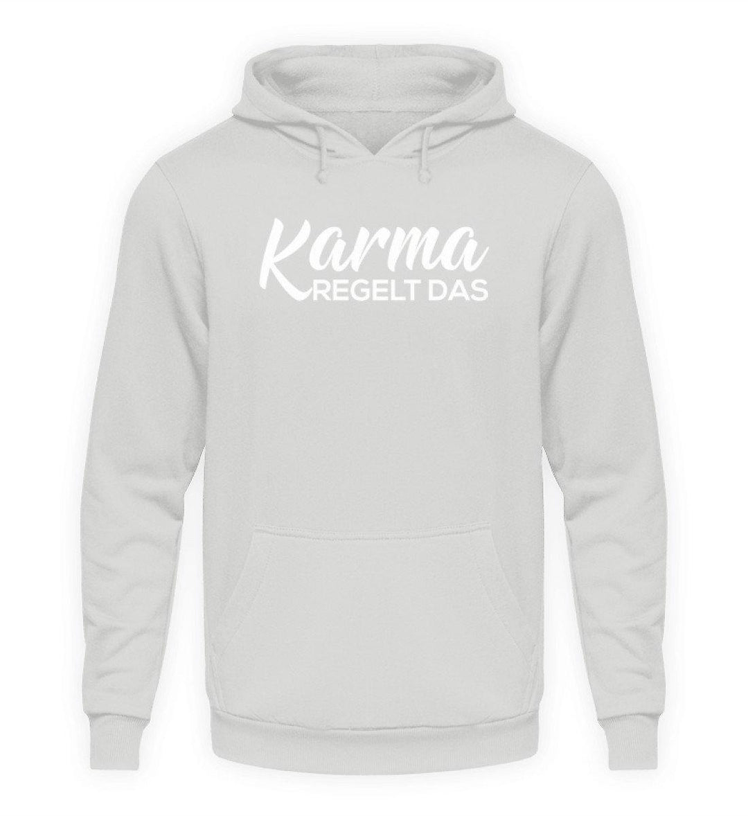 Karma regelt das - Words on Shirts  - Unisex Kapuzenpullover Hoodie - Words on Shirts Sag es mit dem Mittelfinger Shirts Hoodies Sweatshirt Taschen Gymsack Spruch Sprüche Statement