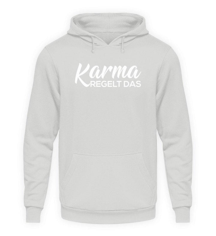 Karma regelt das - Words on Shirts  - Unisex Kapuzenpullover Hoodie - Words on Shirts Sag es mit dem Mittelfinger Shirts Hoodies Sweatshirt Taschen Gymsack Spruch Sprüche Statement