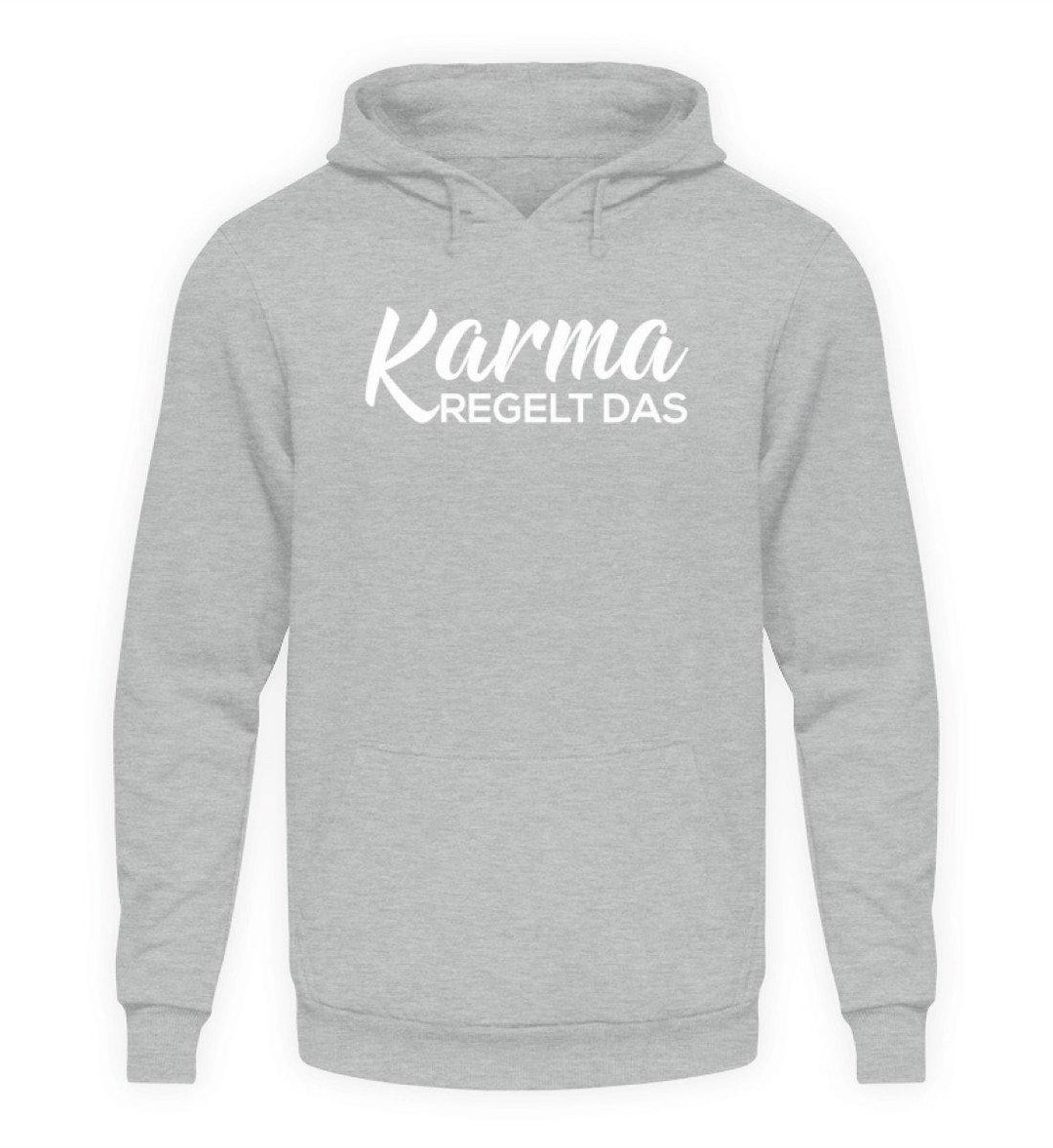 Karma regelt das - Words on Shirts  - Unisex Kapuzenpullover Hoodie - Words on Shirts Sag es mit dem Mittelfinger Shirts Hoodies Sweatshirt Taschen Gymsack Spruch Sprüche Statement