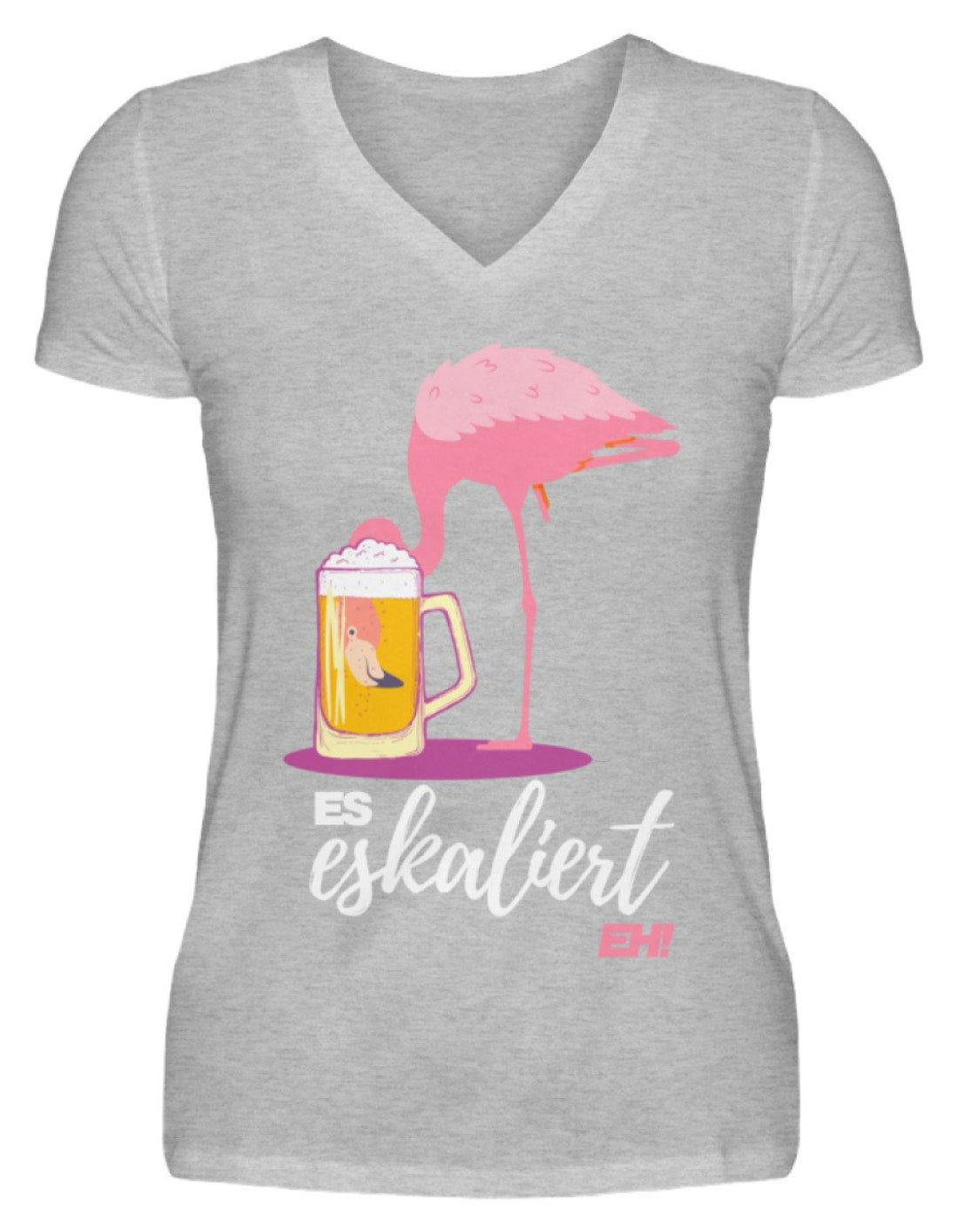 Es Eskaliert Eh - Flamingo  - V-Neck Damenshirt - Words on Shirts Sag es mit dem Mittelfinger Shirts Hoodies Sweatshirt Taschen Gymsack Spruch Sprüche Statement