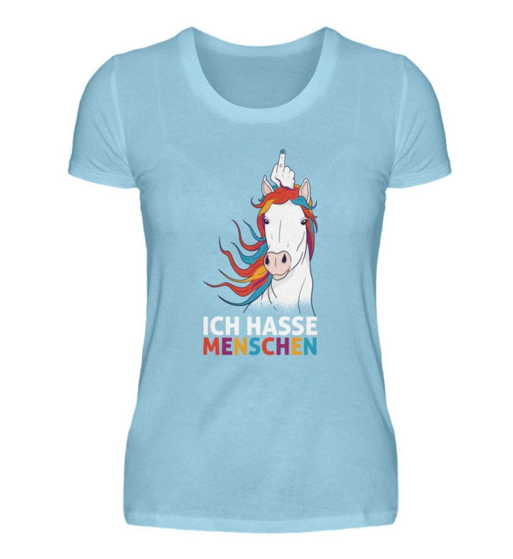 Einhorn hasse Menschen Words on Shirts  - Damen Premiumshirt - Words on Shirts Sag es mit dem Mittelfinger Shirts Hoodies Sweatshirt Taschen Gymsack Spruch Sprüche Statement