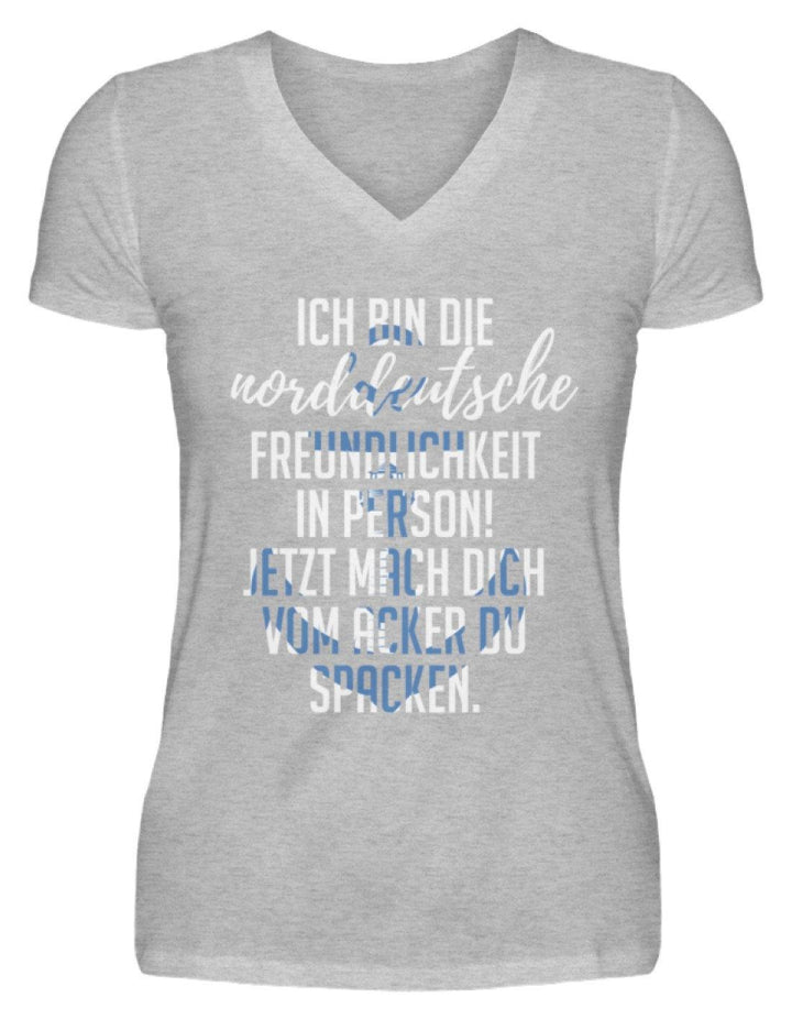Norddeutsche Freundlichkeit  - V-Neck Damenshirt - Words on Shirts Sag es mit dem Mittelfinger Shirts Hoodies Sweatshirt Taschen Gymsack Spruch Sprüche Statement