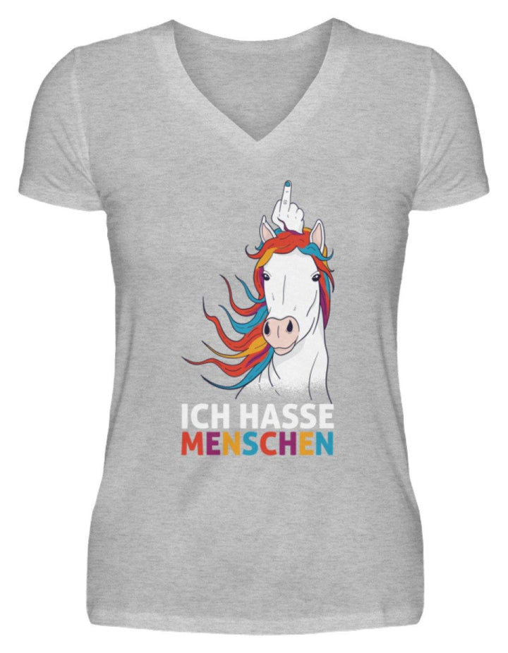 Ich hasse Menschen - Words on Shirts  - V-Neck Damenshirt - Words on Shirts Sag es mit dem Mittelfinger Shirts Hoodies Sweatshirt Taschen Gymsack Spruch Sprüche Statement