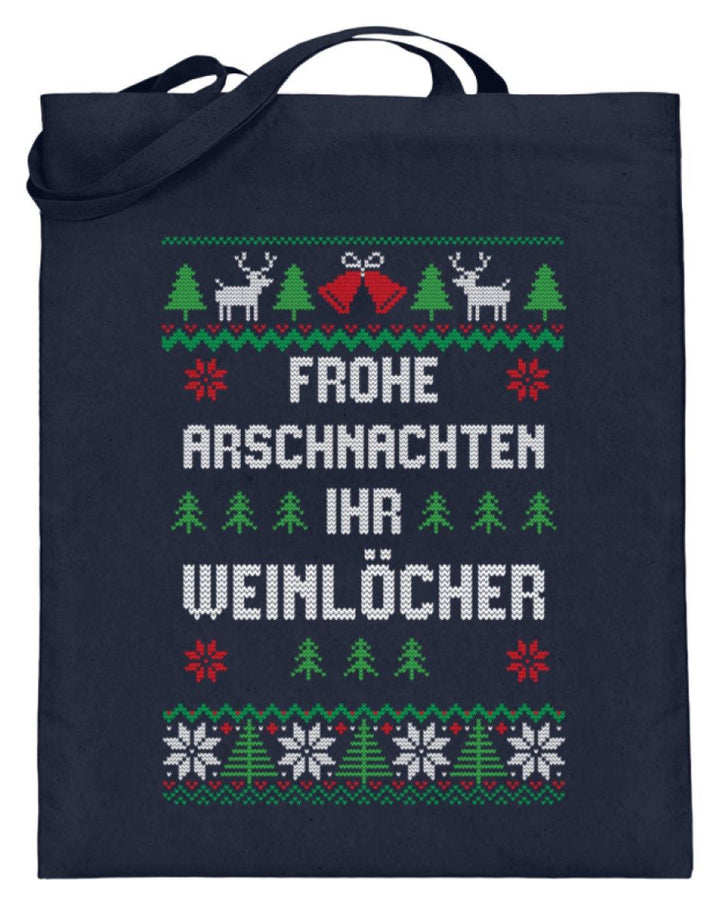 Frohe Arschnachten - Words on Shirts  - Jutebeutel (mit langen Henkeln) - Words on Shirts Sag es mit dem Mittelfinger Shirts Hoodies Sweatshirt Taschen Gymsack Spruch Sprüche Statement