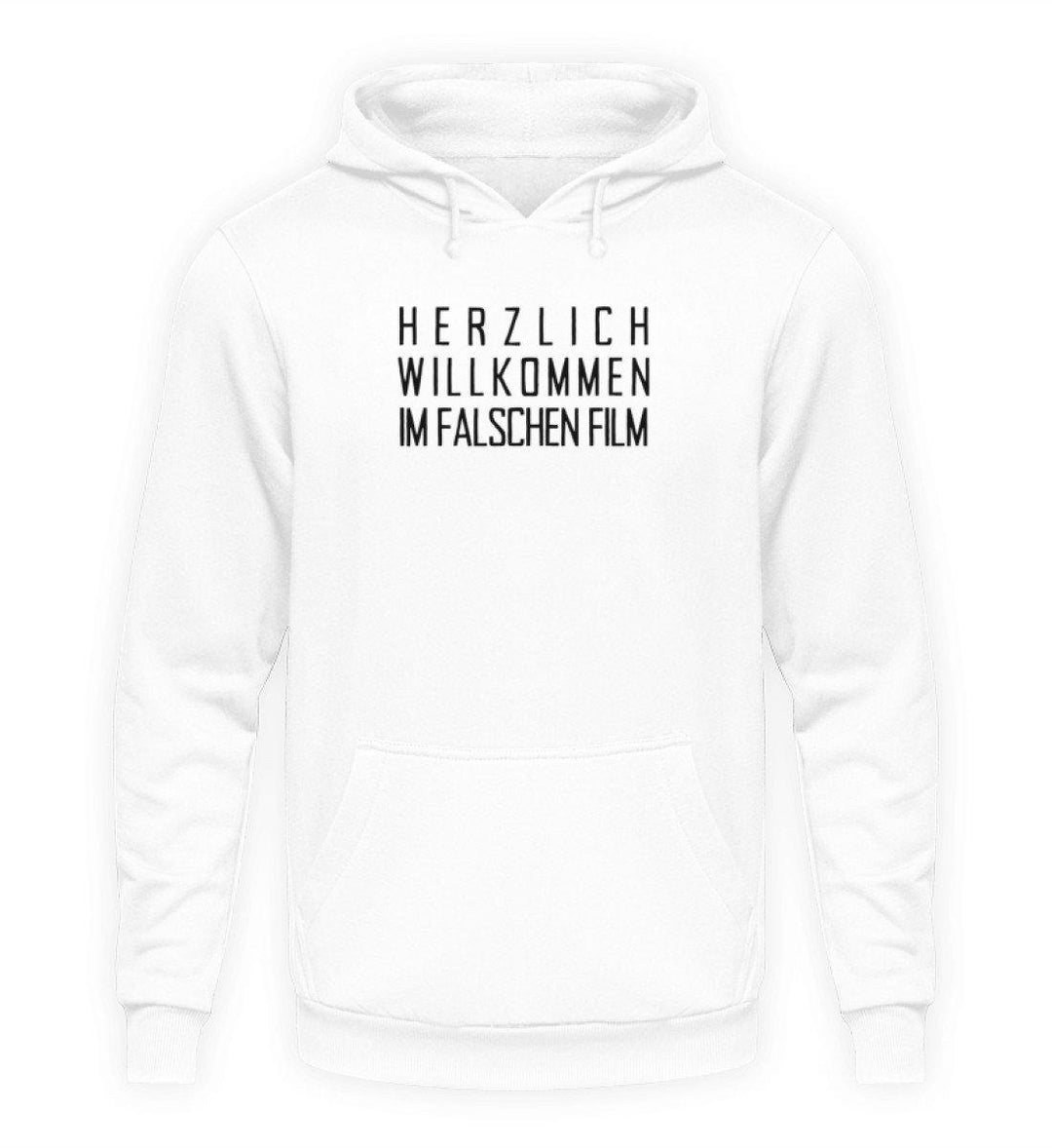 Willkommen im falschen Film /white  - Unisex Kapuzenpullover Hoodie - Words on Shirts Sag es mit dem Mittelfinger Shirts Hoodies Sweatshirt Taschen Gymsack Spruch Sprüche Statement