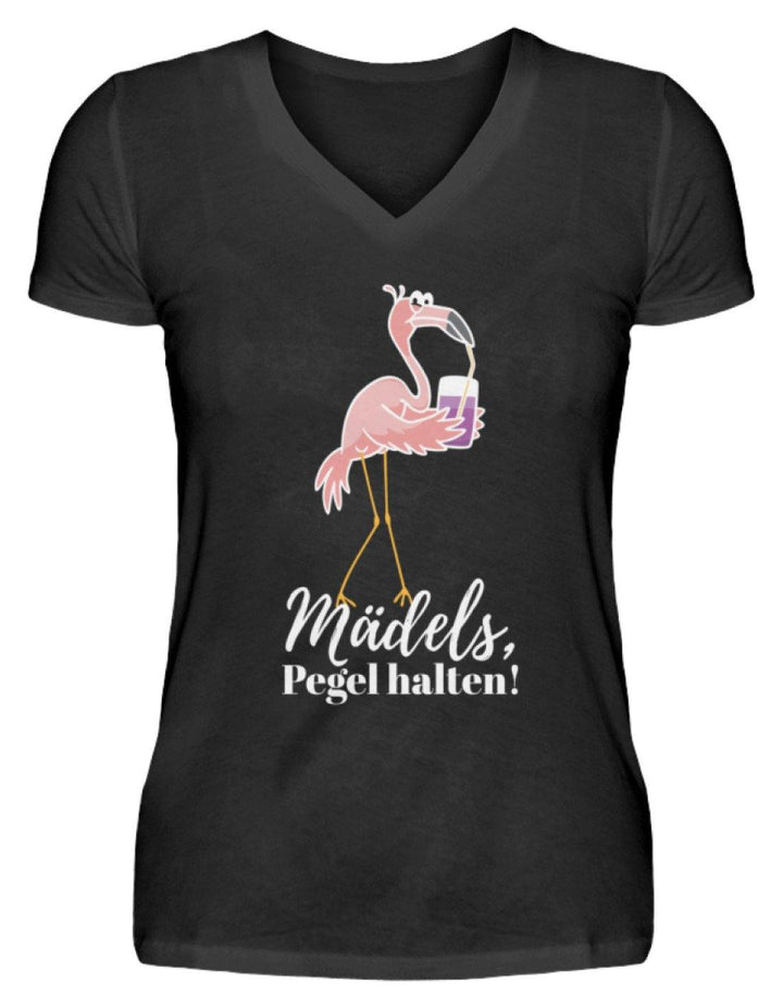 Mädels Pegel halten - Flamingo  - V-Neck Damenshirt - Words on Shirts Sag es mit dem Mittelfinger Shirts Hoodies Sweatshirt Taschen Gymsack Spruch Sprüche Statement