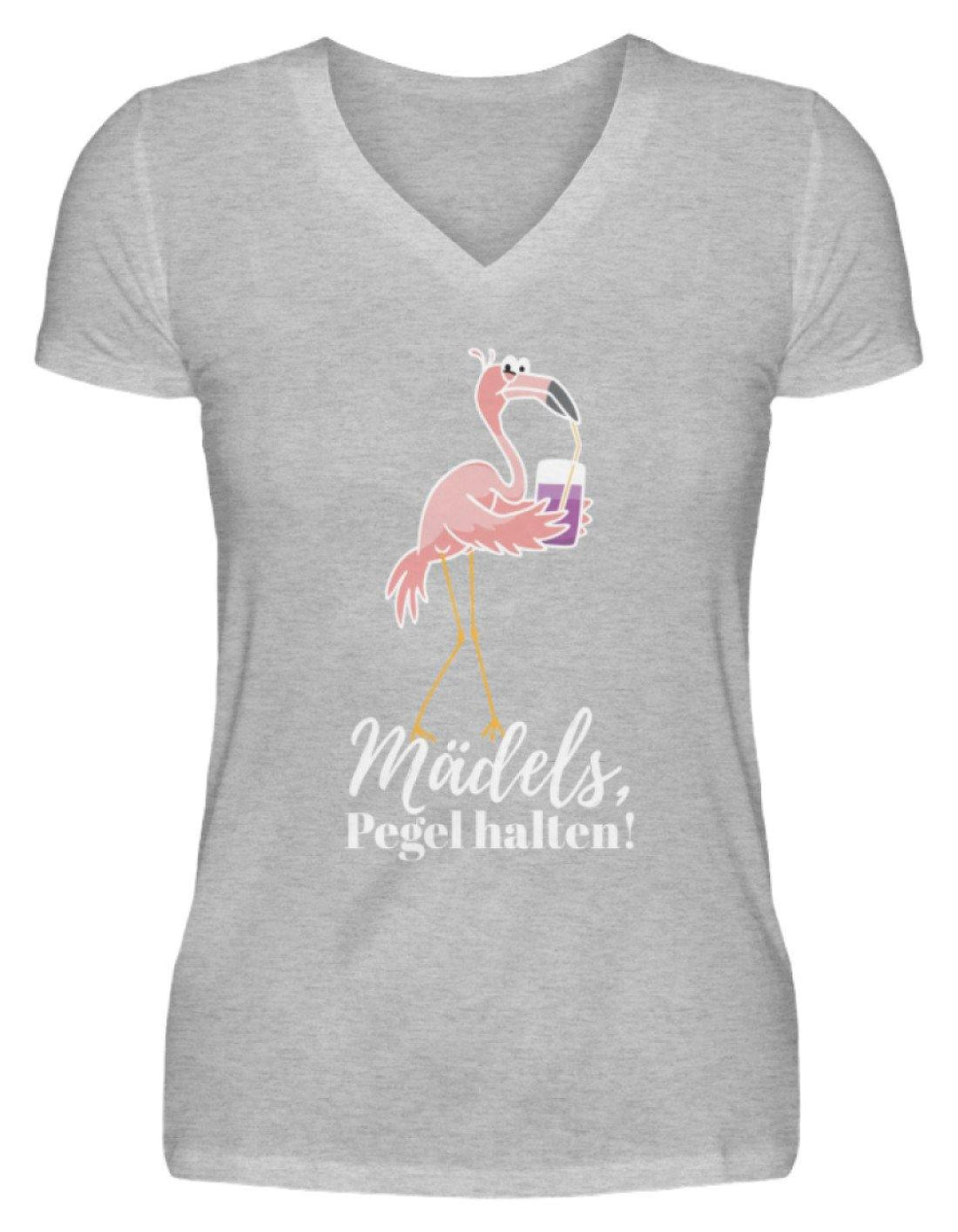 Mädels Pegel halten - Flamingo  - V-Neck Damenshirt - Words on Shirts Sag es mit dem Mittelfinger Shirts Hoodies Sweatshirt Taschen Gymsack Spruch Sprüche Statement