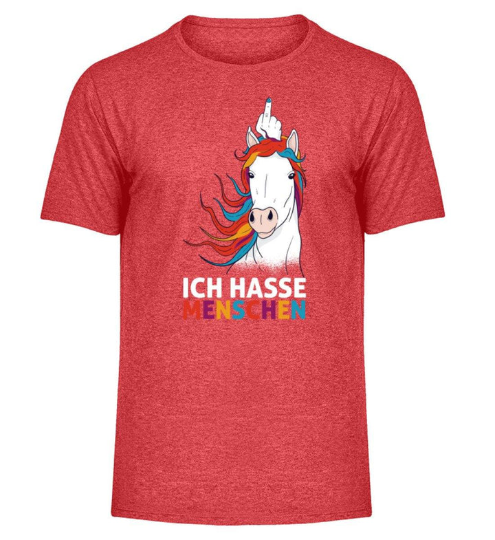 Einhorn hasse Menschen Words on Shirts  - Herren Melange Shirt - Words on Shirts Sag es mit dem Mittelfinger Shirts Hoodies Sweatshirt Taschen Gymsack Spruch Sprüche Statement