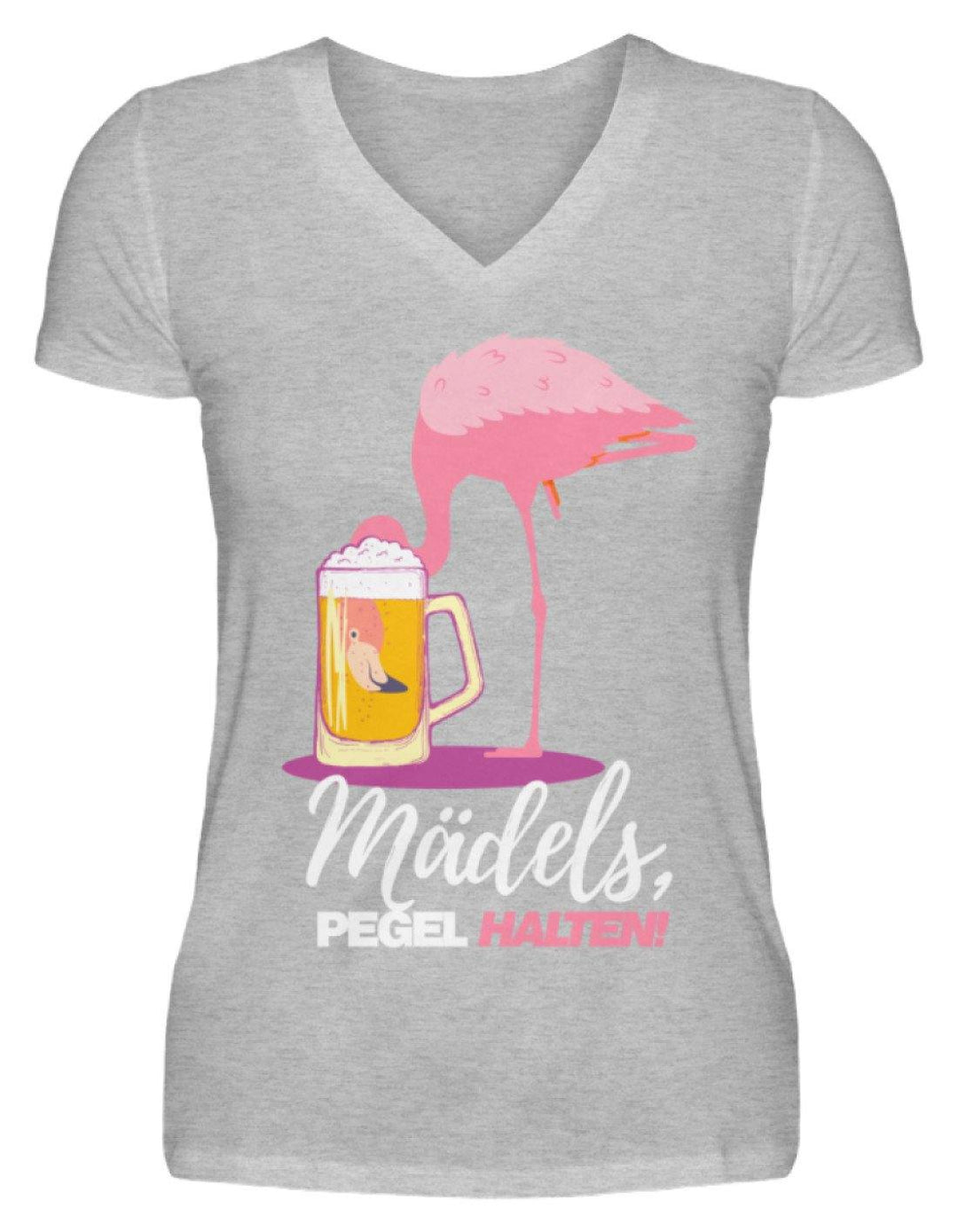 Mädels, Pegel halte - Flamingo  - V-Neck Damenshirt - Words on Shirts Sag es mit dem Mittelfinger Shirts Hoodies Sweatshirt Taschen Gymsack Spruch Sprüche Statement