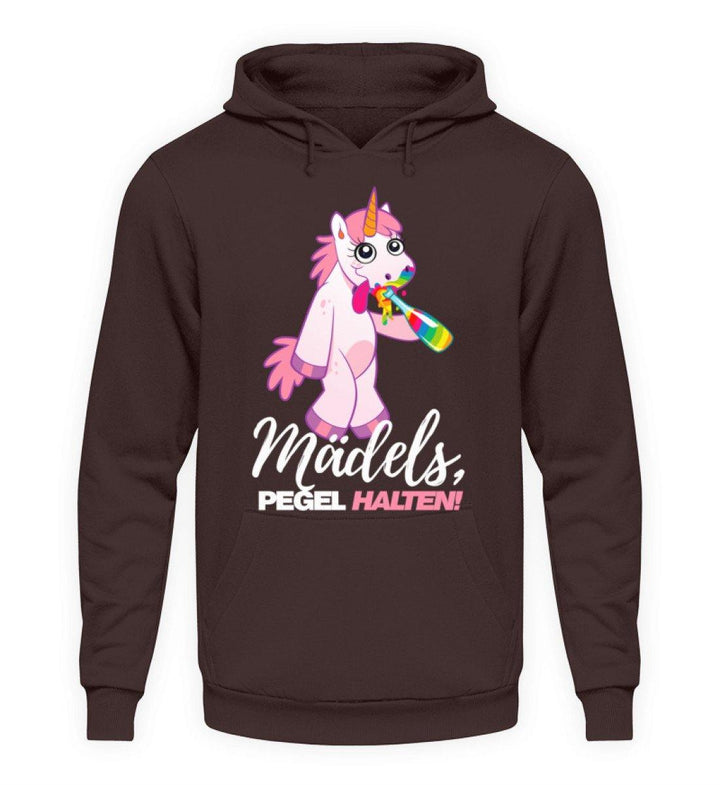 Mädels, Pegel halte - Einhorn  - Unisex Kapuzenpullover Hoodie - Words on Shirts Sag es mit dem Mittelfinger Shirts Hoodies Sweatshirt Taschen Gymsack Spruch Sprüche Statement