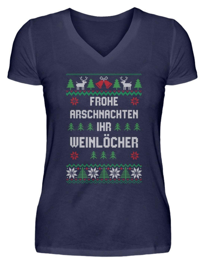 Frohe Arschnachten - Words on Shirts  - V-Neck Damenshirt - Words on Shirts Sag es mit dem Mittelfinger Shirts Hoodies Sweatshirt Taschen Gymsack Spruch Sprüche Statement