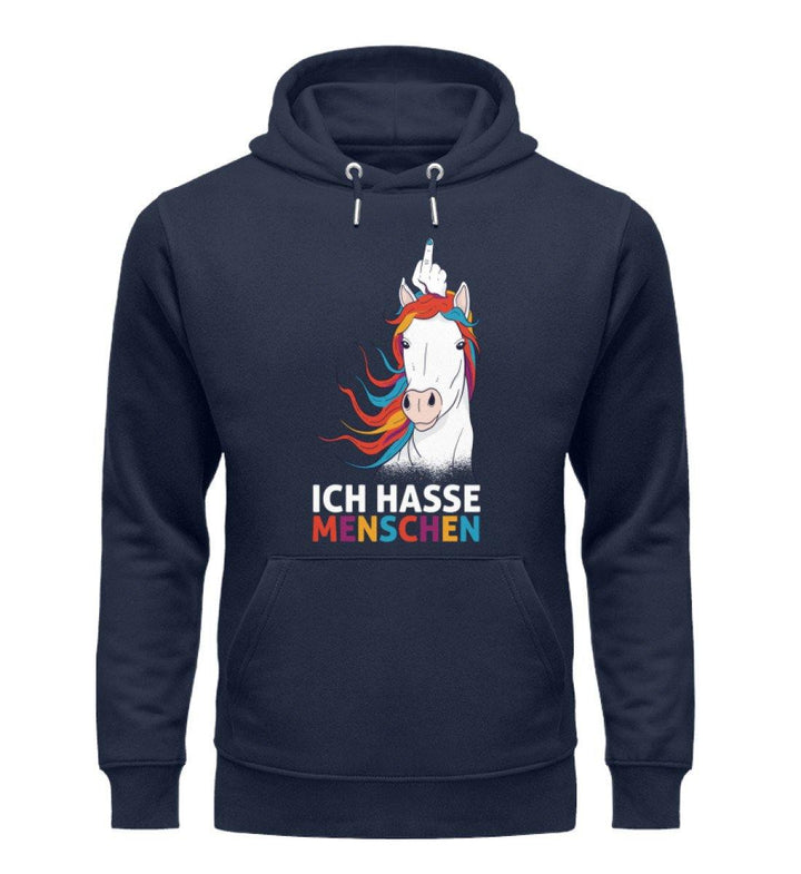 Einhorn hasse Menschen Words on Shirts  - Unisex Organic Hoodie - Words on Shirts Sag es mit dem Mittelfinger Shirts Hoodies Sweatshirt Taschen Gymsack Spruch Sprüche Statement