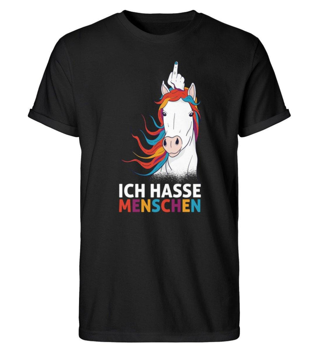 Einhorn hasse Menschen Words on Shirts  - Herren RollUp Shirt - Words on Shirts Sag es mit dem Mittelfinger Shirts Hoodies Sweatshirt Taschen Gymsack Spruch Sprüche Statement