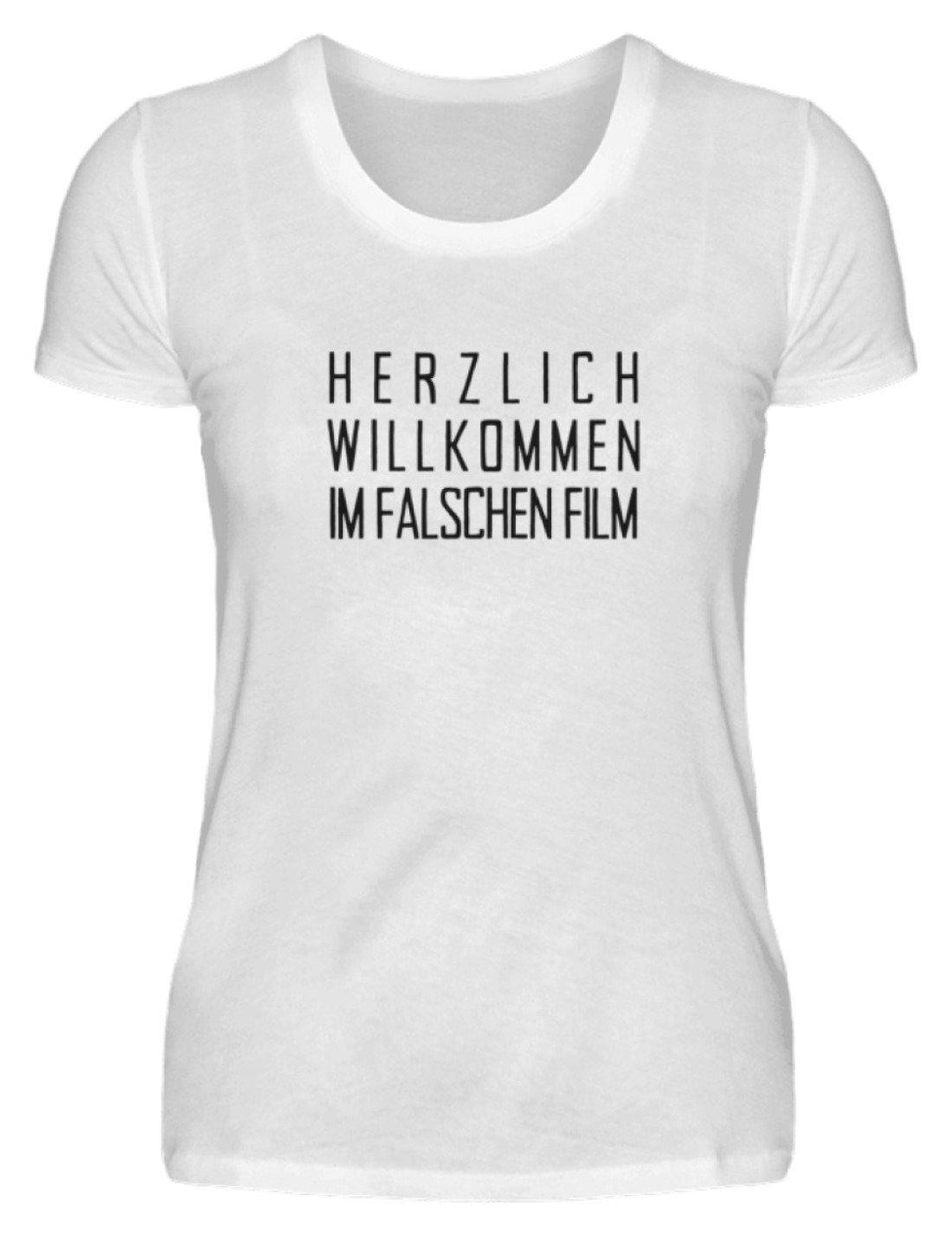 Willkommen im falschen Film /white  - Damenshirt - Words on Shirts Sag es mit dem Mittelfinger Shirts Hoodies Sweatshirt Taschen Gymsack Spruch Sprüche Statement